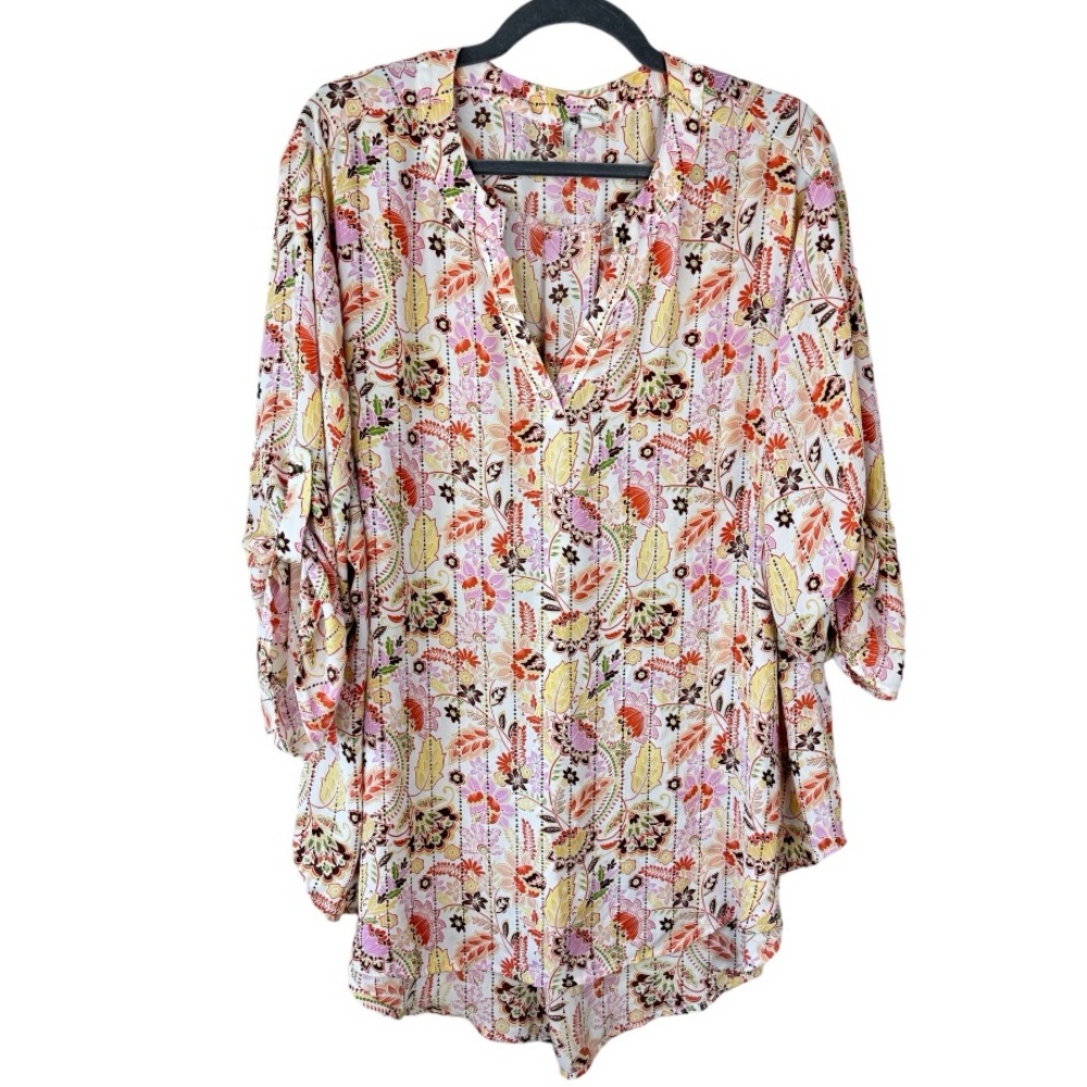Cato‎ Fall Floral Tunic Lightweight Long Top 3/4 Roll Tab Sleeves Size 22/24